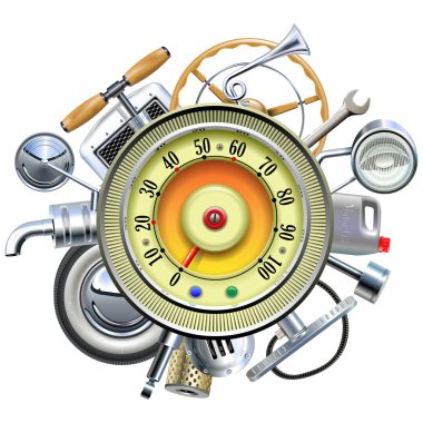 Vector Retro Car Parts with Speedometer clipart