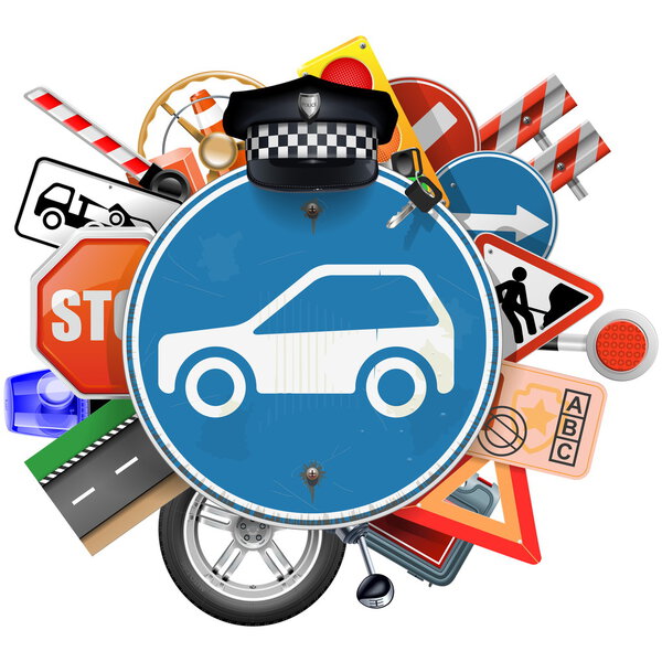 Векторный синий дорожный знак с автозапчастями
