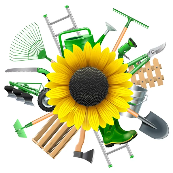 Vector Garden Equipment with Sunflower — Stock Vector