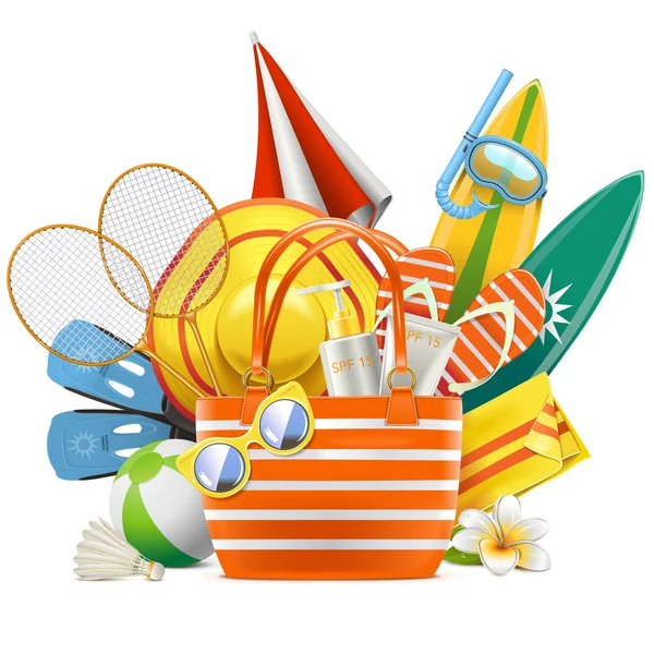 Vector Beach Accessories with Bag — Stock Vector