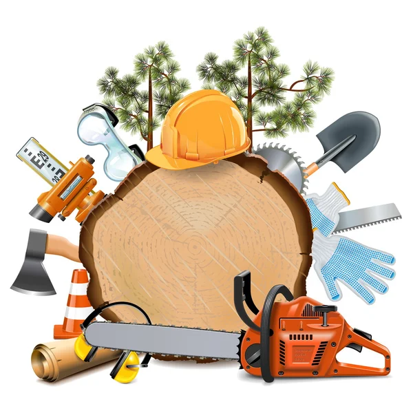 Vector Wooden Board with Chainsaw — Stock Vector