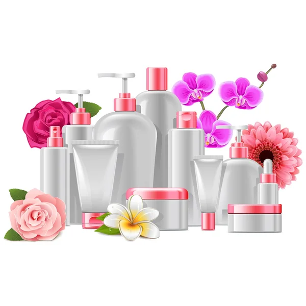 Embalagem cosmética vetorial com flores — Vetor de Stock