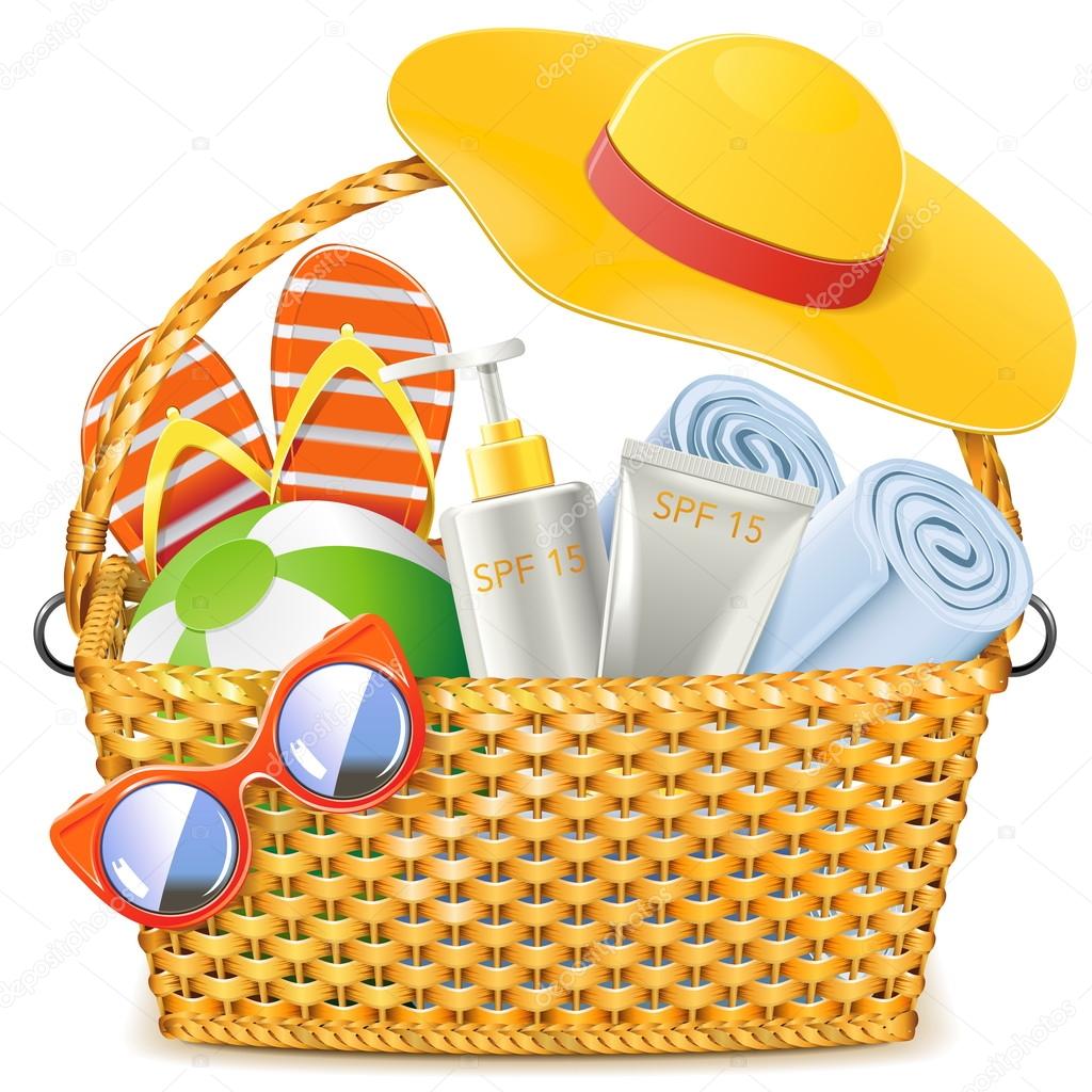 Vector Wicker Basket with Beach Accessories Stock Vector Image by ...