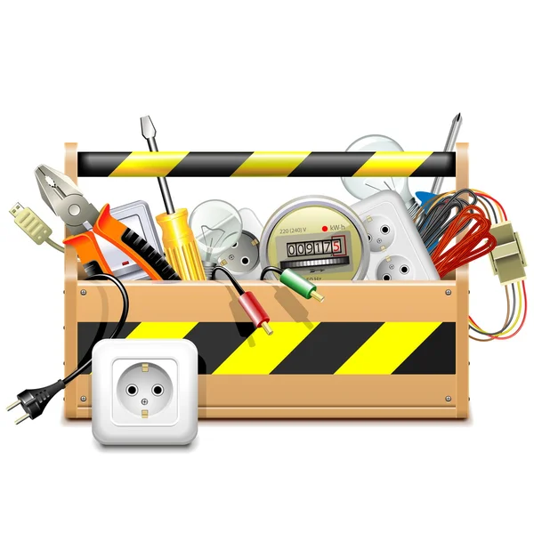 Caja de herramientas vectorial con accesorios eléctricos — Vector de stock