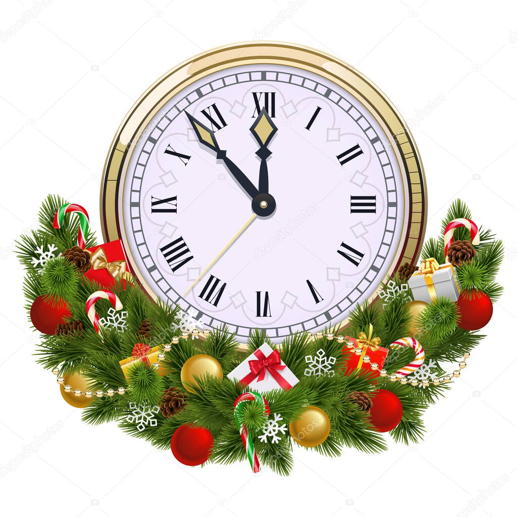 Vector Christmas Decoration with Clock  isolated on white background
