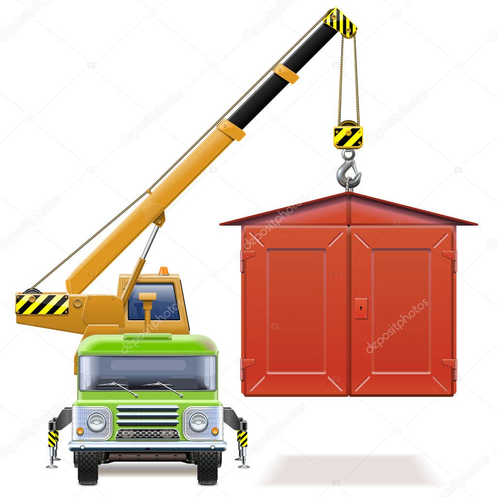 Vector Automobile Garage with Crane Truck isolated on white background