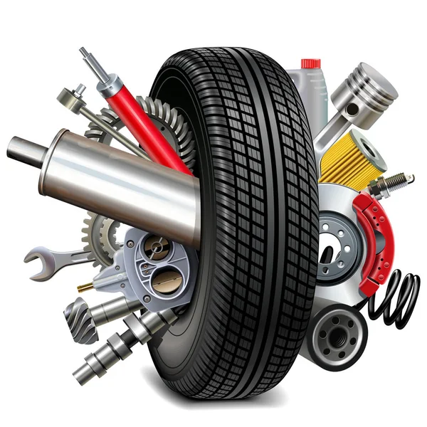 Vector Car Parts Mit Reifen Isoliert Auf Weißem Hintergrund — Stockvektor