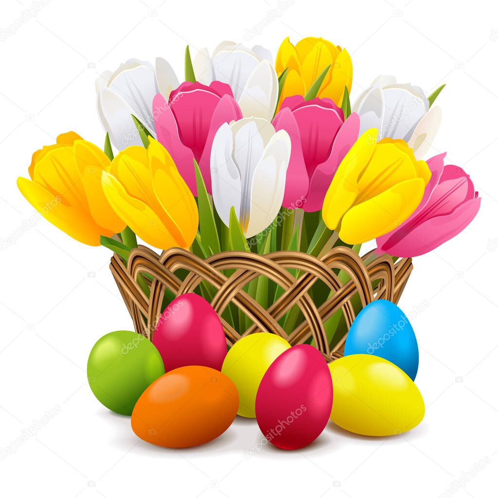 Vector Easter Concept with Wicker Vase isolated on white background