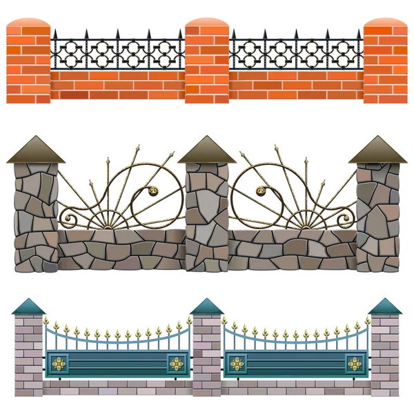 Vector Metal Fence Set Elszigetelt Fehér Alapon — Stock Vector