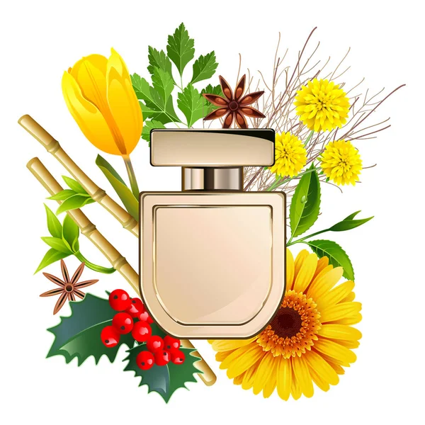 Parfum Vectoriel Aux Fleurs Jaunes Isolé Sur Fond Blanc — Image vectorielle