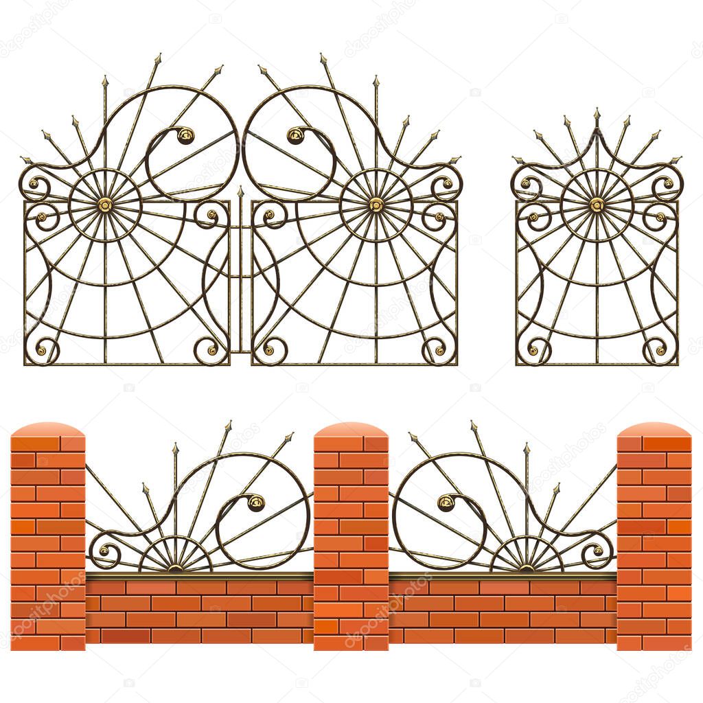 Vector Brick Fence with Wrought Iron Gates isolated on white background