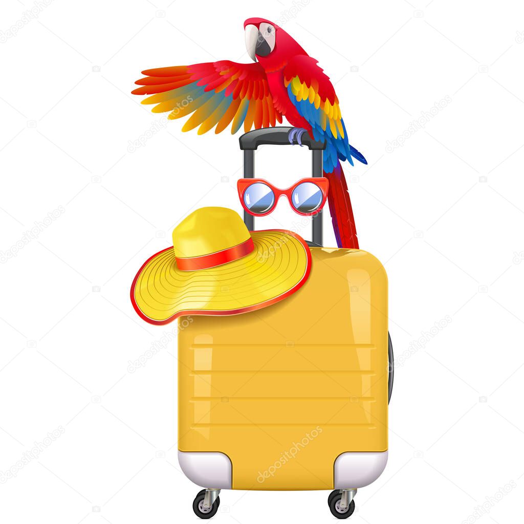 Vector Travel Concept with Welcoming Parrot  isolated on white background