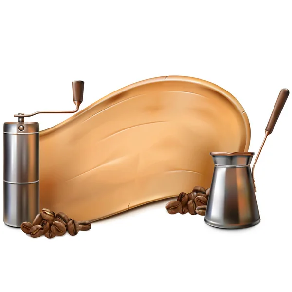 Vector Wooden Board Turkish Cezve Coffee Grinder Isolated White Background — стоковий вектор