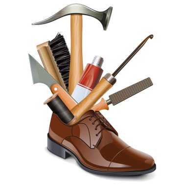 Beyaz arkaplanda izole edilmiş Ayakkabı Yapıcı Araçları ile Vektör Erkek Kahverengi Ayakkabı