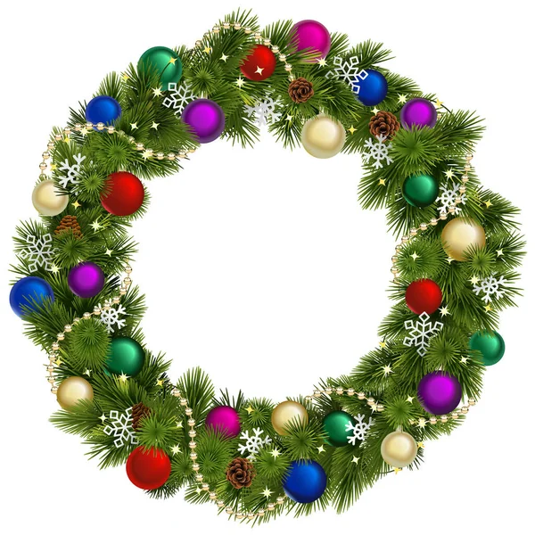 Vector Christmas Wreath Met Kleurrijke Baubles Geïsoleerd Witte Achtergrond — Stockvector