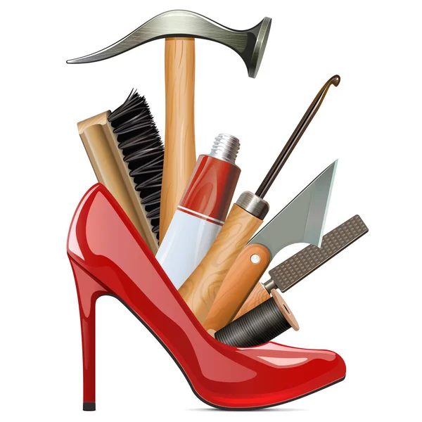 Chaussure Rouge Vector Femme Avec Outils Cobbler Isolés Sur Fond — Image vectorielle