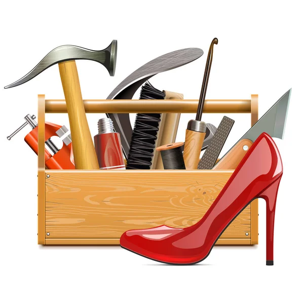 Vector Shoemaker Toolbox Met Rode Vrouwelijke Schoen Geïsoleerd Witte Achtergrond — Stockvector