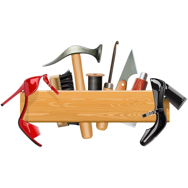 Vector Houten Bord Met Cobbler Tools Geïsoleerd Witte Achtergrond — Stockvector