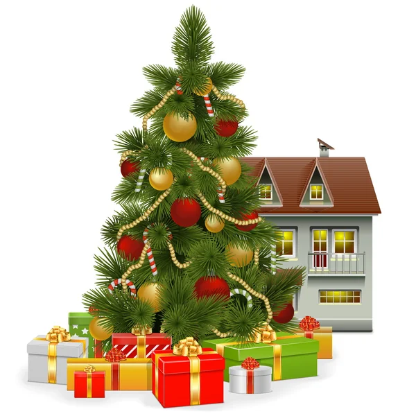 Vector árbol de Navidad con casa — Vector de stock