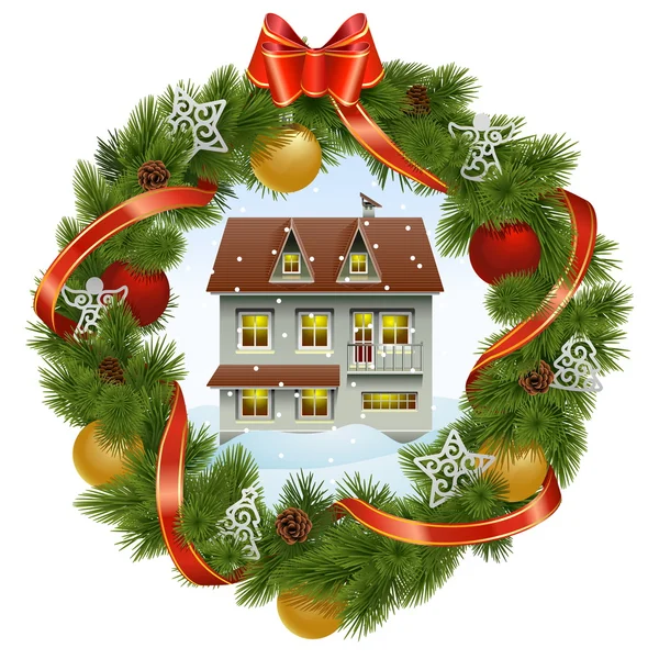 Vector Christmas Wreath with House — Stock Vector