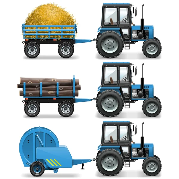 Vector Farm Tractor with Baler and Trolley — Stock Vector