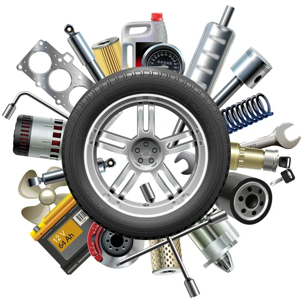 Vector Car Spares Concept with Wheel — Stock Vector