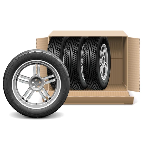 Vector Car Wheels in Carton Box — Stock Vector