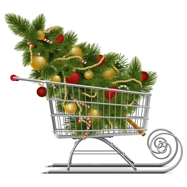 Vector Supermarket Sled with Christmas Tree — Stock Vector