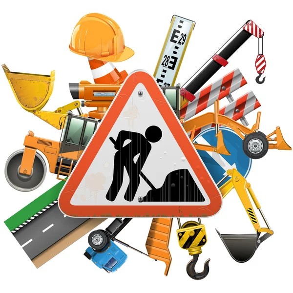Vector Road Construction Concept with Sign — Stock Vector