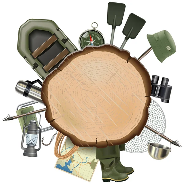 Tackle pesca vettoriale con tavola di legno — Vettoriale Stock