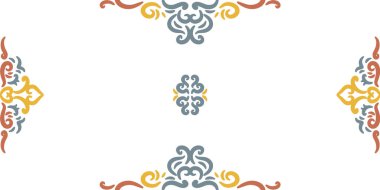 Canlı mavi-gri, sarı ve terracotta kaydırma motifleri beyaz bir uzayın merkezi ve köşeleri vurguluyor