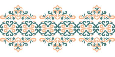 Geniş, süslü, süslemeli bir dekoratif şerit, sürekli, simetrik soyut motifli, zıt renkte, gök mavisi ve şeftali rengi.