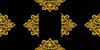 Simetrik altın soyut motifleri olan siyah bir arkaplan. Üniformalı, dekoratif bir düzen için merkezi bir haç şeklinde düzenlenmiş.