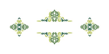 Üç stilize edilmiş yeşil simetrik süslemeler: bir merkez başlık / dipnot ayırıcı ve zarif metin çerçeveleme için iki yan motif