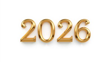 Beyaz yüzey üzerine 2026 yılı için yüksek kaliteli yansıtıcı altın metalik metin.