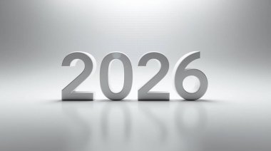 Güçlü, beyaz 2026 3D tipografi temiz bir minimalist stüdyo alanında duruyor..