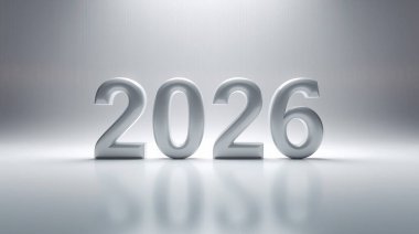 Parlak beyaz 2026 3D sayılar, parlak bir arka planda yumuşak yansımaları olan..