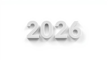Yeni yıl kutlamaları için parlak beyaz arkaplanlı temiz 3D beyaz 2026 rakamları.