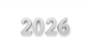 Gelecek planlama ve mutlu yeni yıl kutlamaları için gösterişli 3D beyaz 2026 rakamsal işareti.