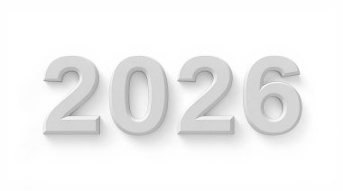 Yeni yıl takvimi ve karşılama tasarımları için 3D 2026 beyaz desenli rakamları kapat.