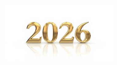 2026 kutlamalarının sofistike altın serif numaraları temiz beyaz zemin üzerine kurulmuş..