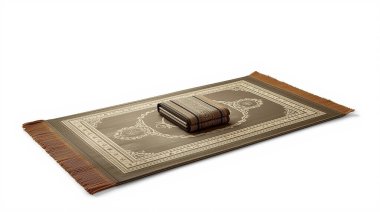 Üzerinde kutsal bir kitap olan süslü kahverengi bir kilim..