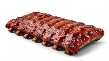 Beyaz arka planda servis edilen keskin soslu ızgara barbekü domuz pirzolası..