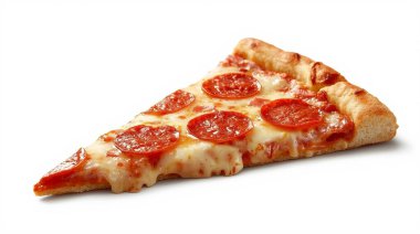 Kalın hamurlu ve erimiş peynirli pepperonili pizza dilimini kapat..