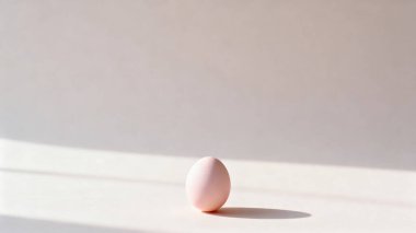 Hassas pembe bir yumurta, parlak bir ışığın yansıttığı belirgin bir gölgeyle aydınlık bir yüzeye odaklanır..