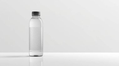 Minimum desenli etiketli parlak bir plastik şişe ve basit bir siyah vida kapağı..