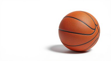 Siyah kaburgalı standart bir turuncu basketbol topu ve beyaz arka planda izole edilmiş çakıl taşı deri dokusu..