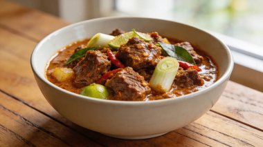 Köy ahşap bir masada pırasa ve limonla süslenmiş bir kase sığır eti..