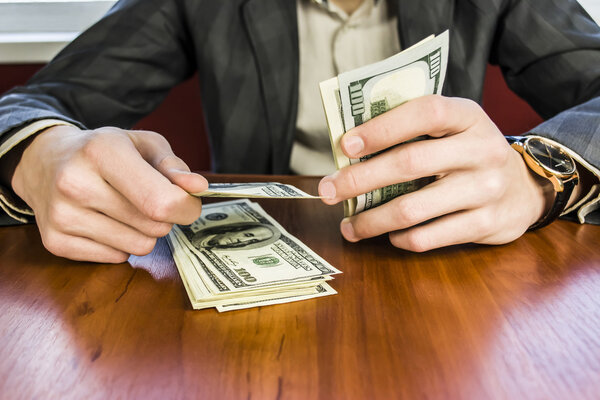 Бизнесмен считает деньги, доллары прибыли
