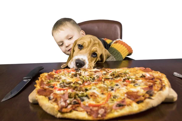 Un niño y un perro comen una pizza grande —  Fotos de Stock